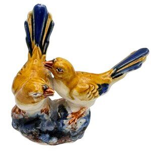 Mid-Century Japan Ceramic Figurine Of Two Love Birds Blue Yellow On Base Vtg